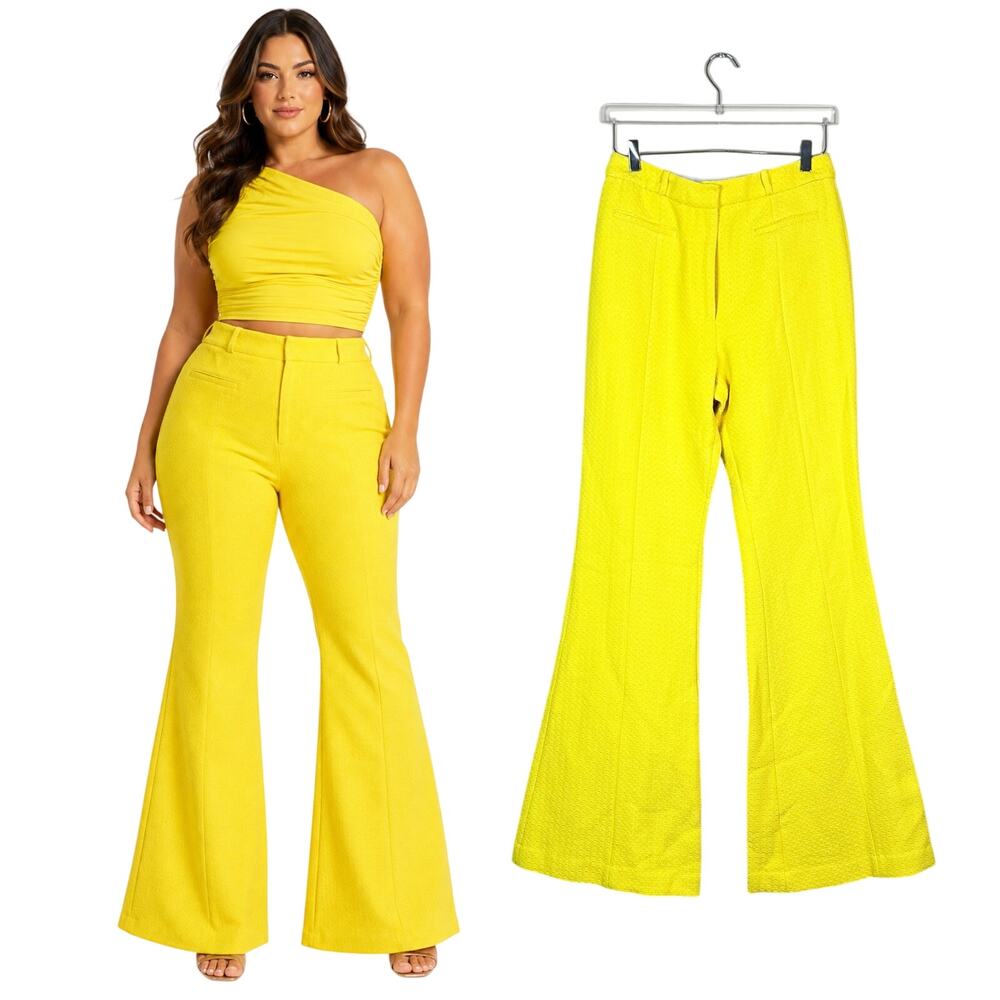 NEW Alexis | Lyla High Rise Soleil Yellow Textured Flare Designer Pants Large